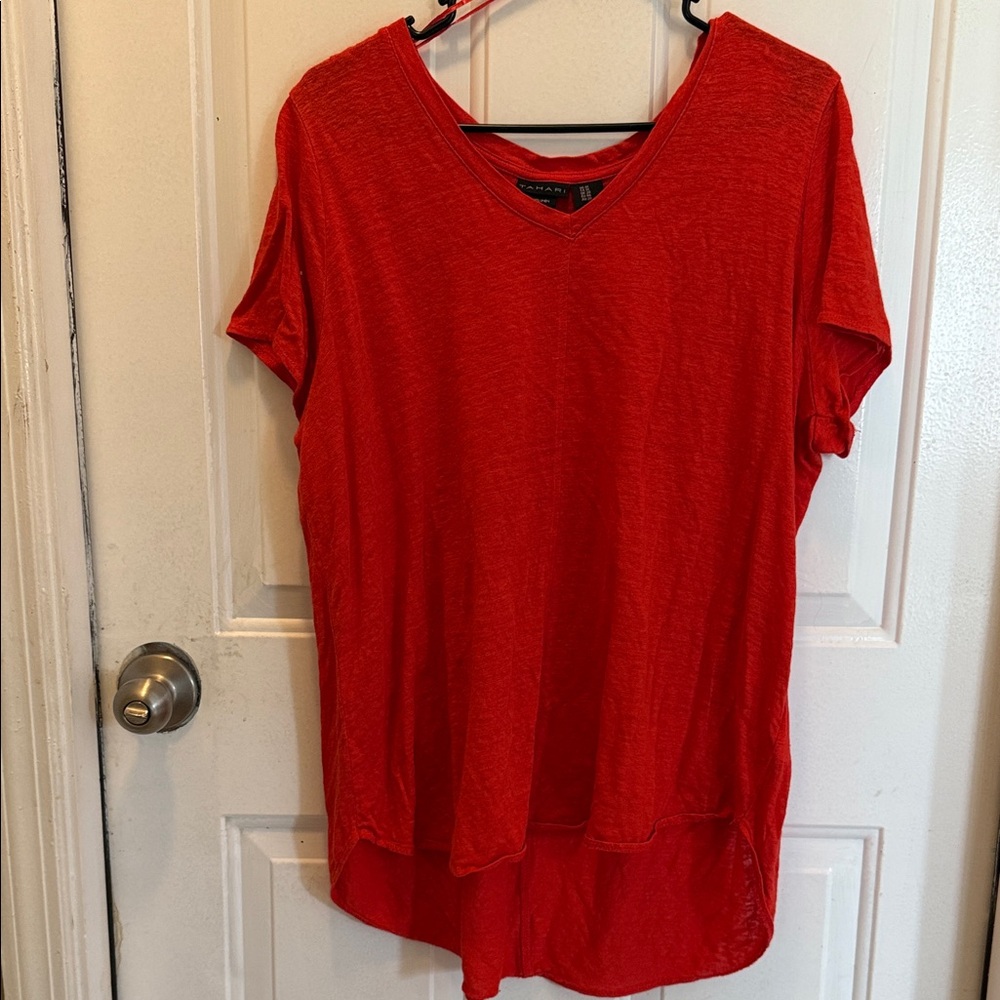 Tahari Bright Coral Orange V-Neck Short Sleeve High-Low Tee
